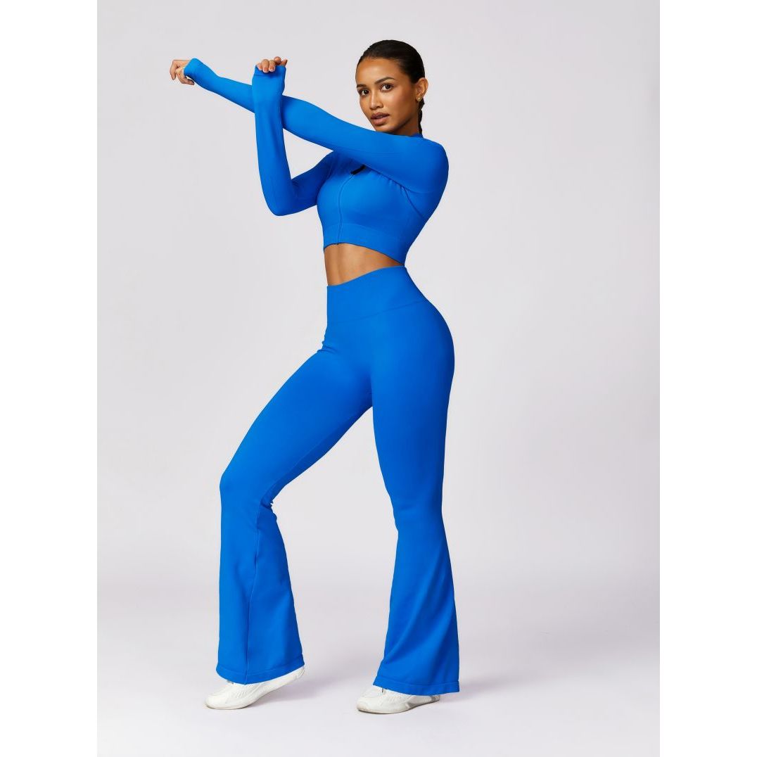 Neon Zipped Crop Top Flaired Leggings 2-Piece Set