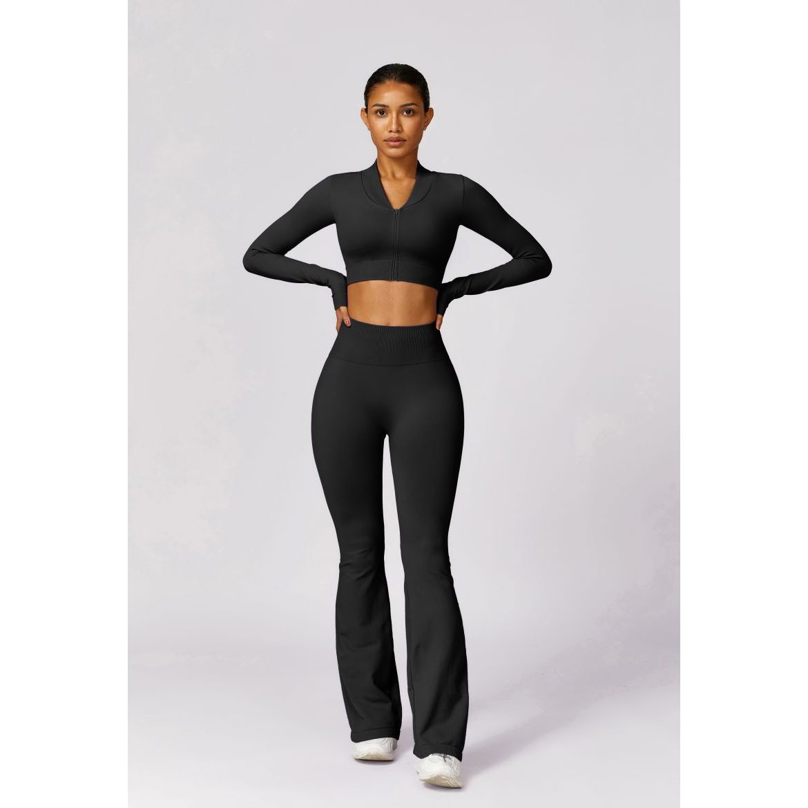 Neon Zipped Crop Top Flaired Leggings 2-Piece Set