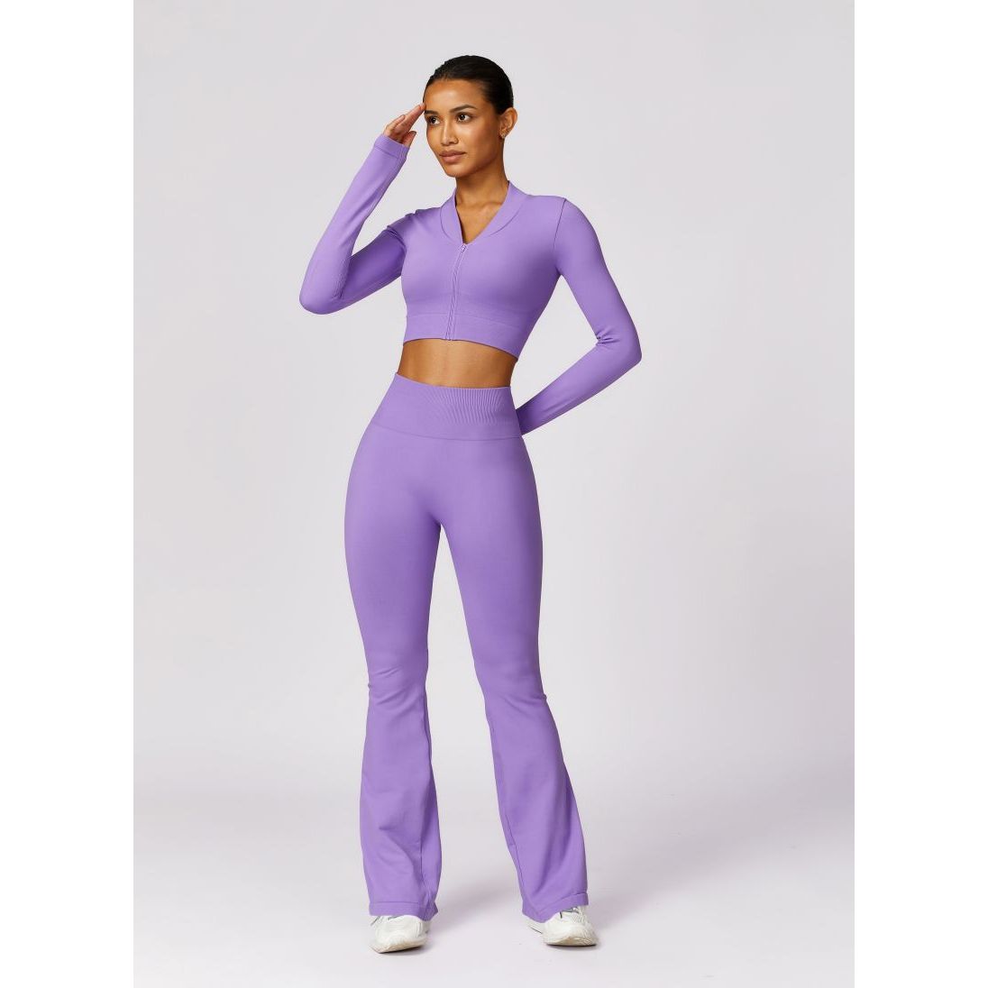 Neon Zipped Crop Top Flaired Leggings 2-Piece Set