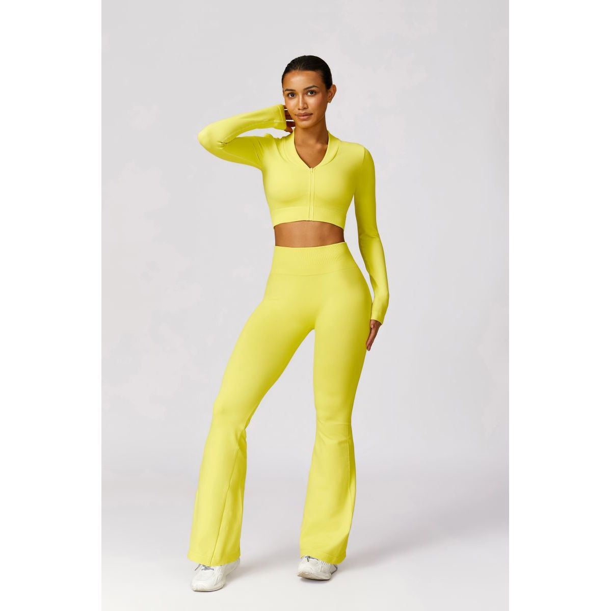 Neon Zipped Crop Top Flaired Leggings 2-Piece Set