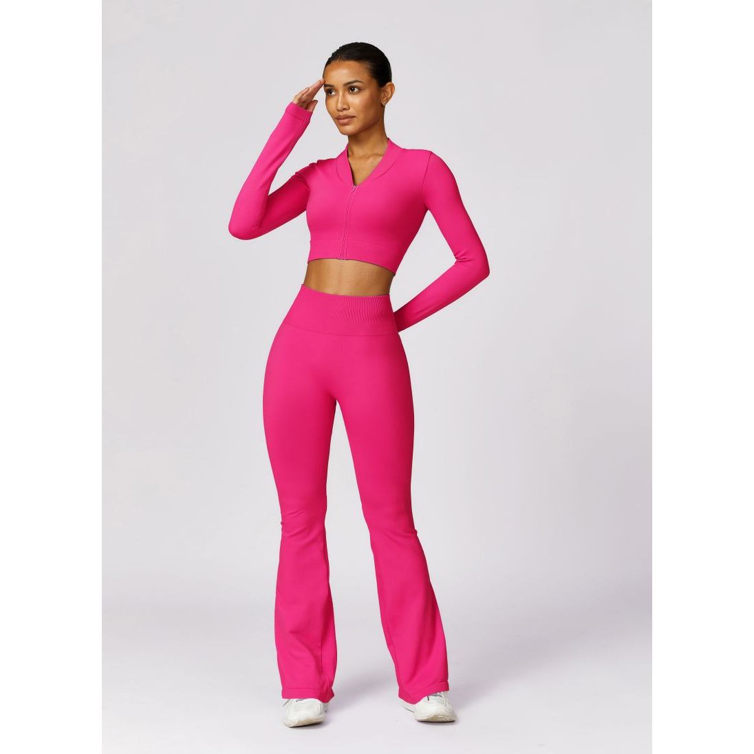 Neon Zipped Crop Top Flaired Leggings 2-Piece Set
