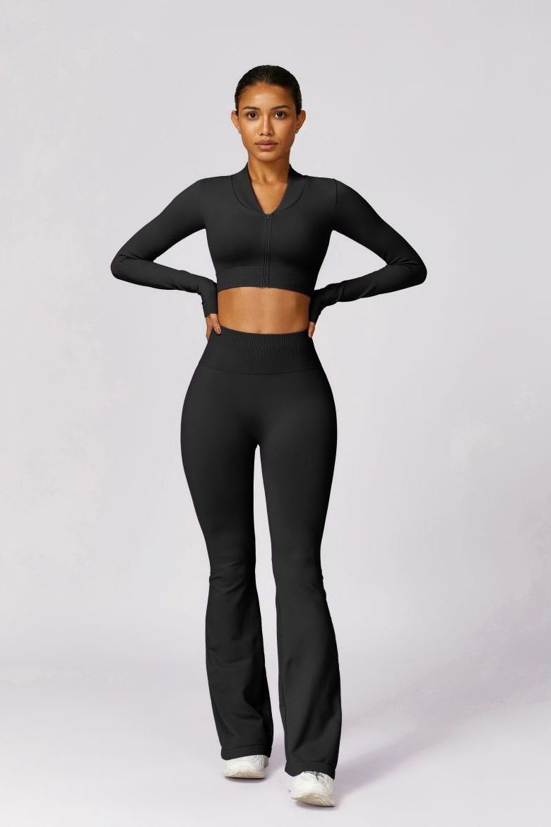 Neon Zipped Crop Top Flaired Leggings 2-Piece Set