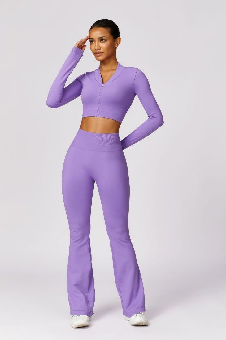 Neon Zipped Crop Top Flaired Leggings 2-Piece Set