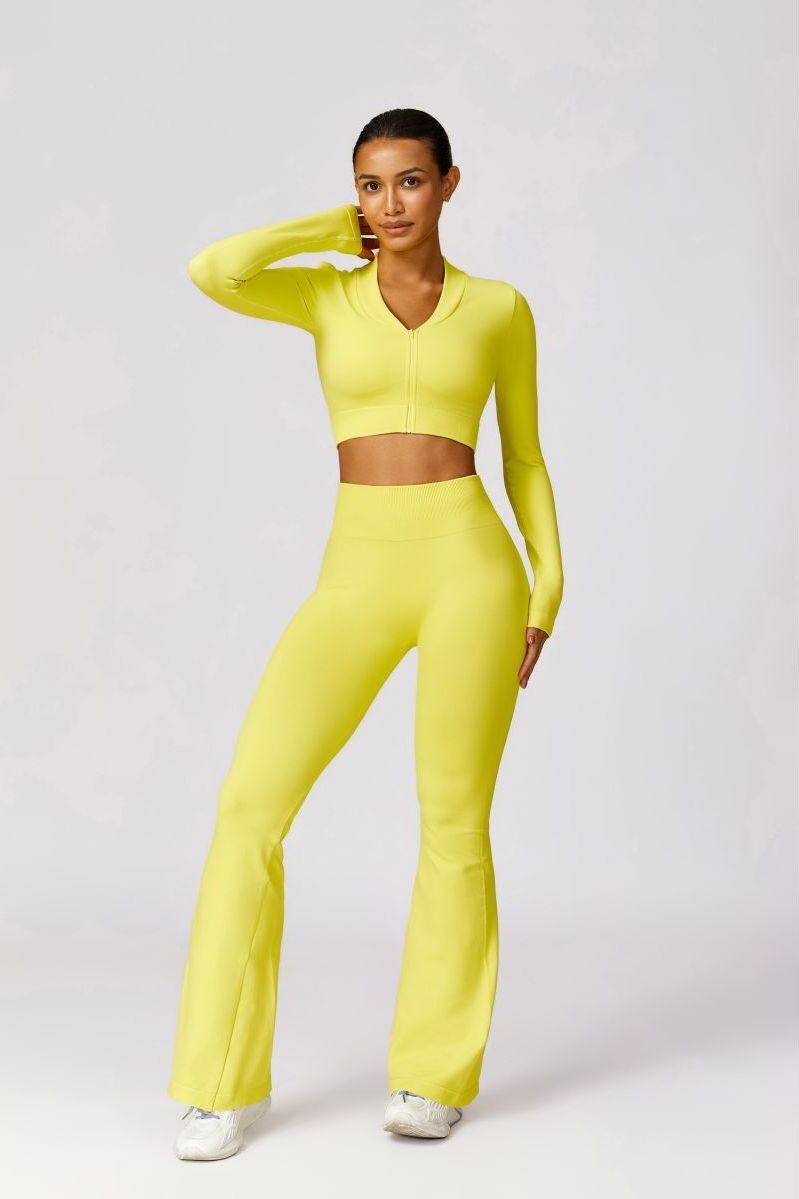 Neon Zipped Crop Top Flaired Leggings 2-Piece Set