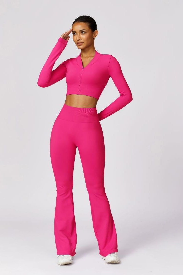Neon Zipped Crop Top Flaired Leggings 2-Piece Set
