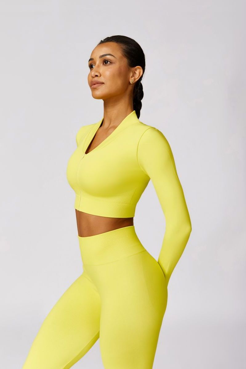 Neon Zipped Crop Top Flaired Leggings 2-Piece Set